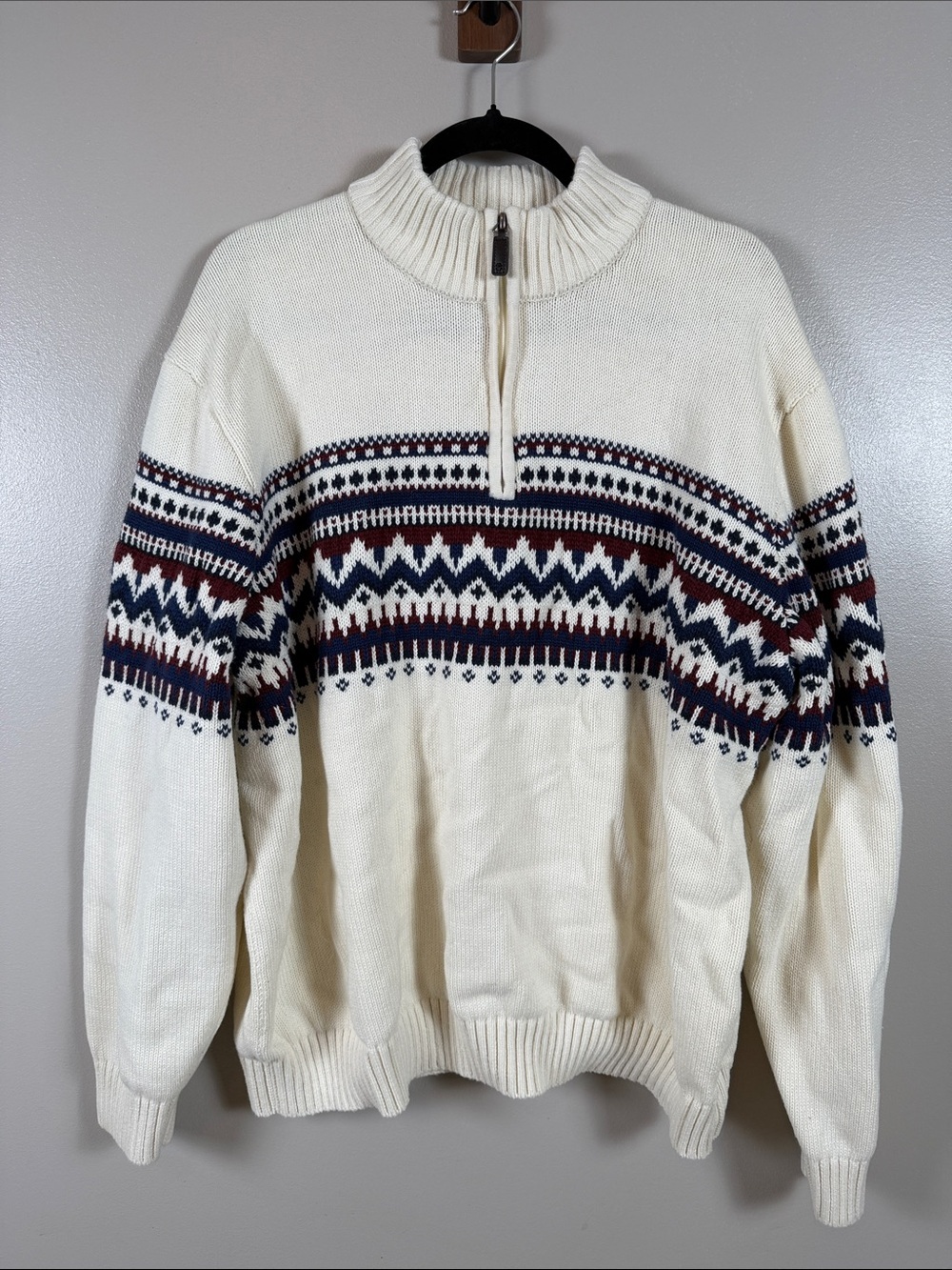Izod Cream Half-Zip Fair Isle Sweater with Navy & Burgundy Pattern